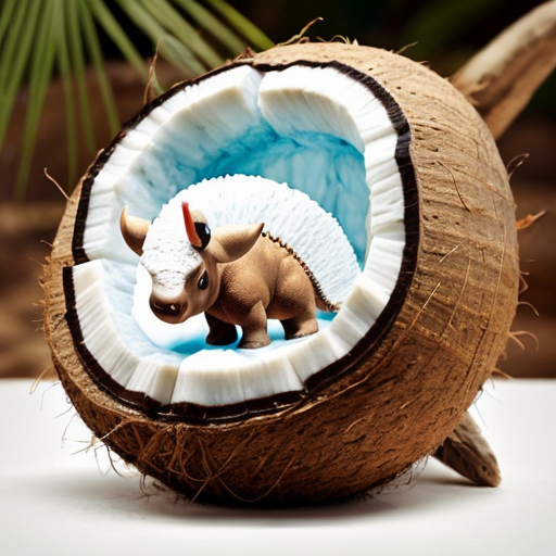 Draw a cute baby triceratops in the wild with a coconut nut shell on his nose 
