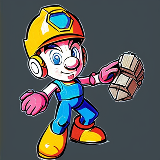 Illustrate the character Megaman in the art style of the Super Nes' game Super Mario RPG, add also a classic Megaman background but turned into the same Super Mario RPG art style.
