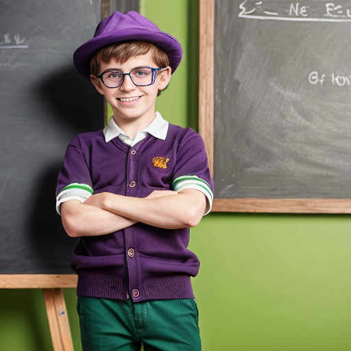 A scene from a 1980's animated Don Bluth movie of a little boy with pale skin, green eyes, freckles, short black combed-back hair, wearing a plum purple trilby hat with a green band, big round black glasses, a white short-sleeved polo shirt with a plum purple cardigan sweater over it, a green bowtie, darker plum purple shorts, white & green striped socks, and darker plum purple oxford shoes, holding a piece of chalk in his hand, and standing in front of a chalkboard with a ton of equations written on it, with a smug smile on his face.