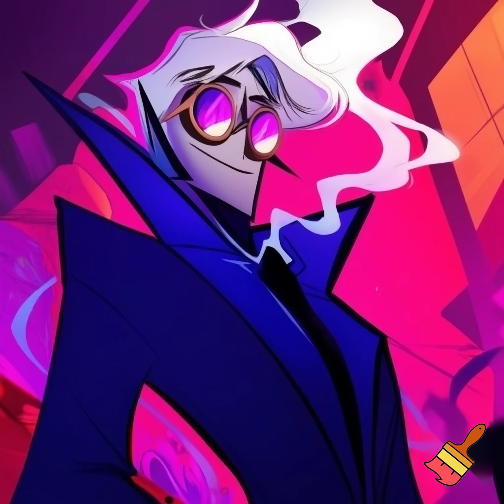 A tall, lean pale man with white hair, distinctive round brass glasses In cartoonish art style of hazbin hotel wearing his signature blue overcoat and smoke curling around him