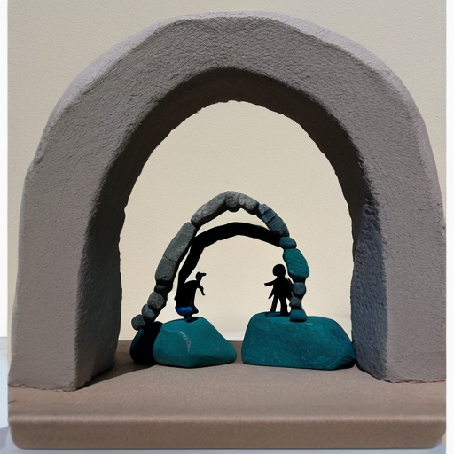 Paint the stones of an arch with multiple abstract figures in Tanguy  style