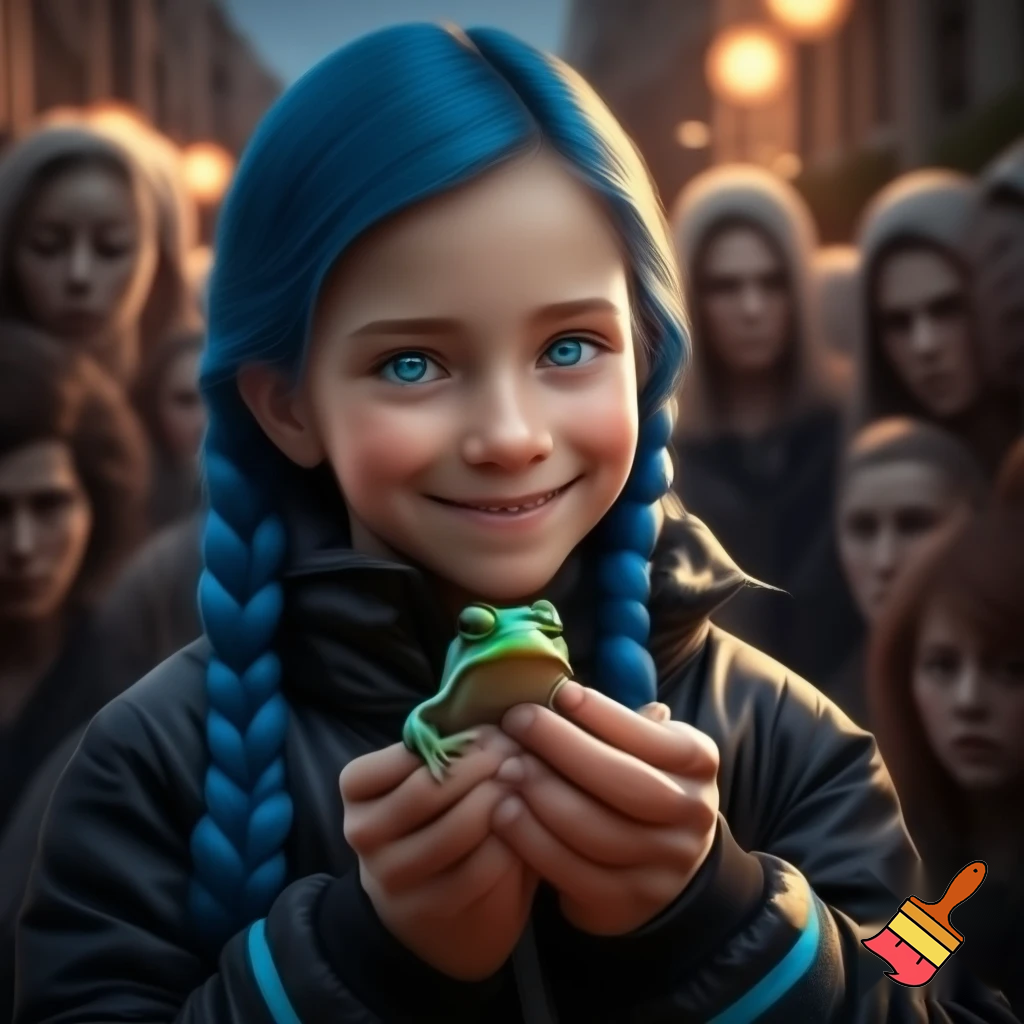 girl with blue braid and has a black jacket with blue eyes
with smile holding a frog all the people was scared of a frog