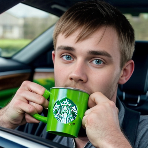 generwate an image of conor macmanus from ireland brown hair 5 ft 6 and from blackrock colage and with a blue quater zip first year driving a ferrrari car no helmet still wearing the blue quater zip wereing a quaterzip drinking matcha from a starbuck cup 13 year old


