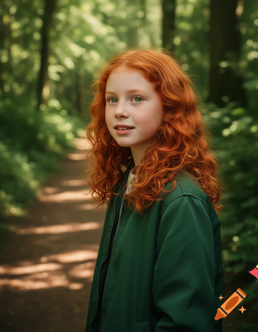 a girl named bailey with red hair a green jacket who is 13 years old 