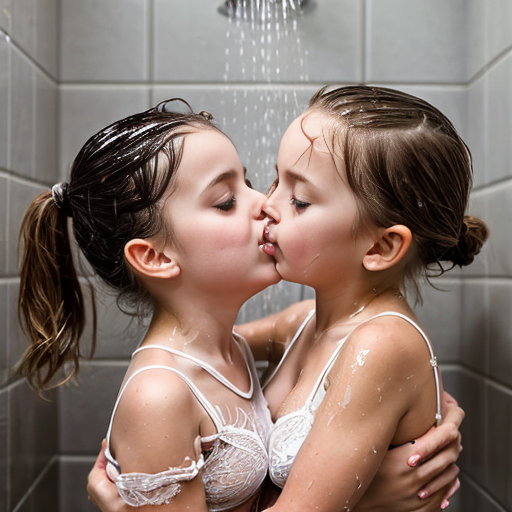 Genera la imagen real en alta definicion de dos niña rubias de 6 años, besando a su padre en la ducha, las niñas deben estar vestidas con lenceria de encaje transparente