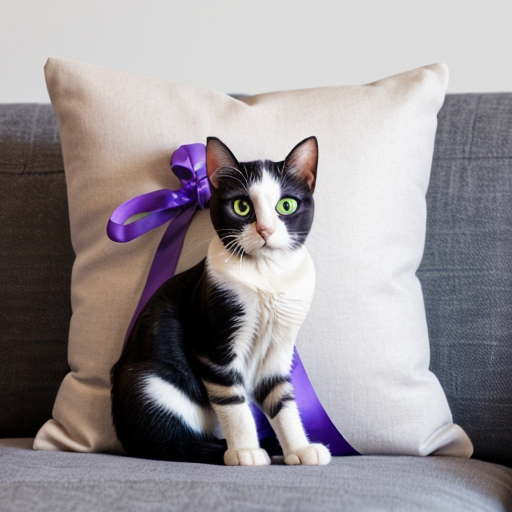 Cat with purple ribbons on a purple pillow on a white background

