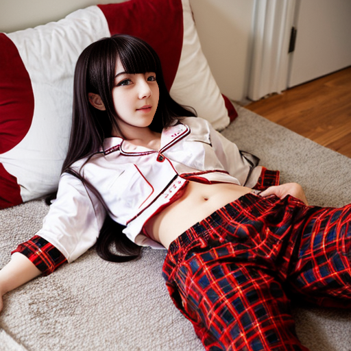 a anime girl
 with red plaid red pajama pants and white shirt laying on her stomach


