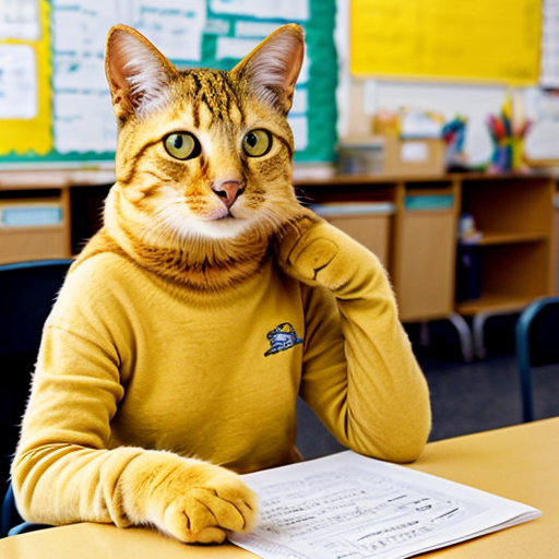 a yellow cat says here in school