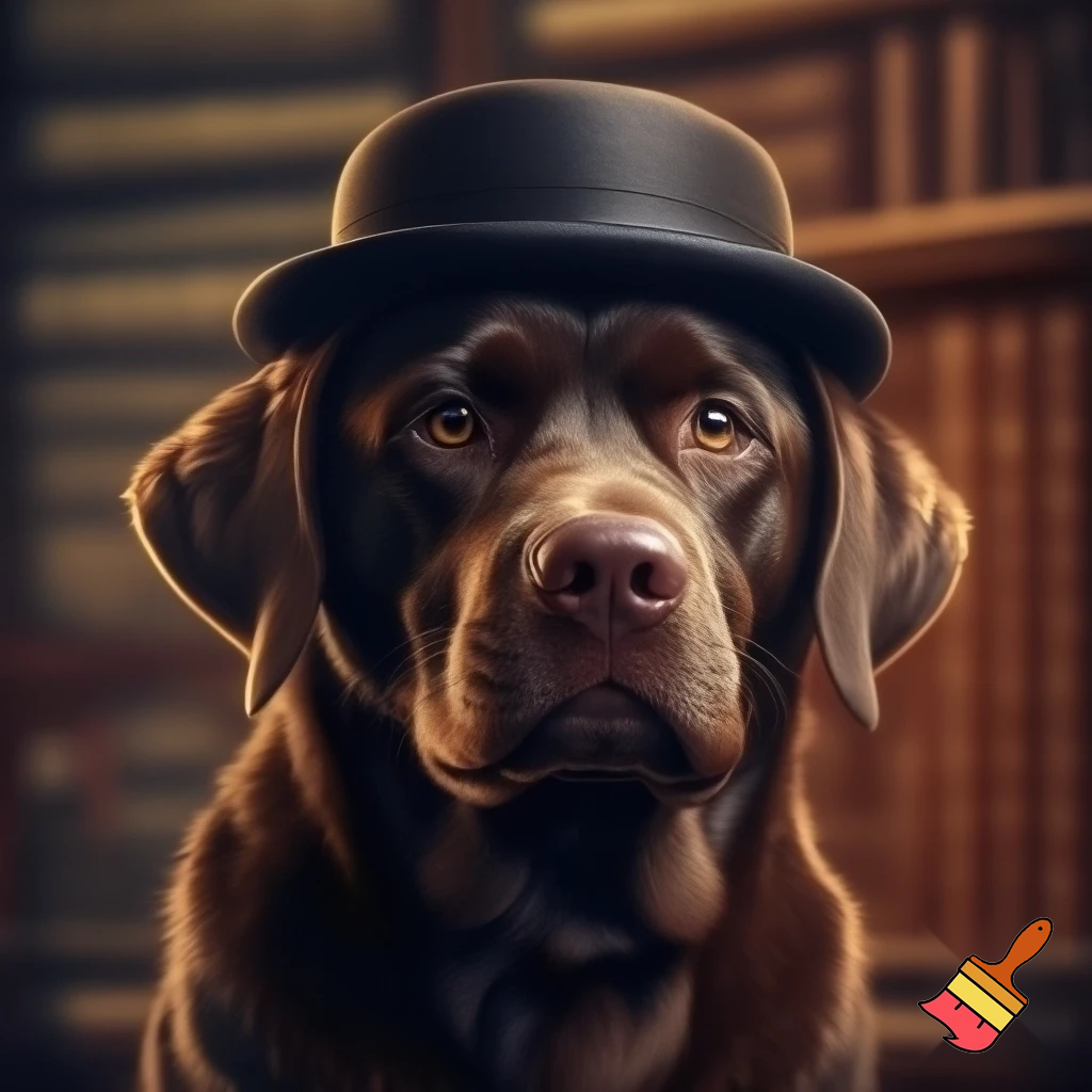an image of a chocolate lab wearing a bowler hat

