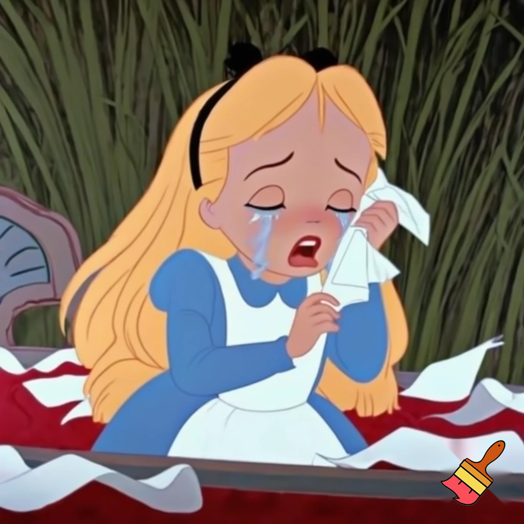 Alice in wonderland 1951 crying into a handkerchief dozens of tears and crying while blowing her nose into her handkerchief