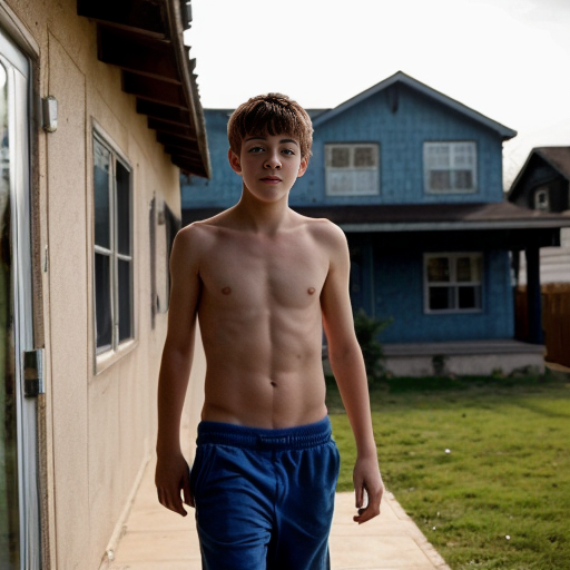 The shirtless teenage boy is has just woken up. He gets out of bed in his boxes and walks through his house. He eventually walks outside. The morning breeze hits him