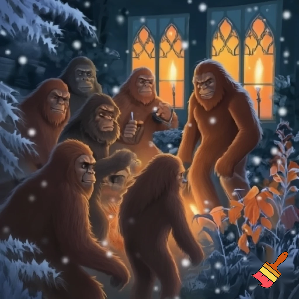 bunch of bigfoots jam session wintergarten autumn night candlelight reflection in the windows.