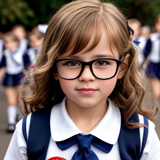 Cute adorable niña Chilindrina glasses con hair lazo curly Blonde con sailor uniforme escolar con zapatos negros escolar con calcetines blancos con Estados Unidos América bandera con desfile con ciudad 5