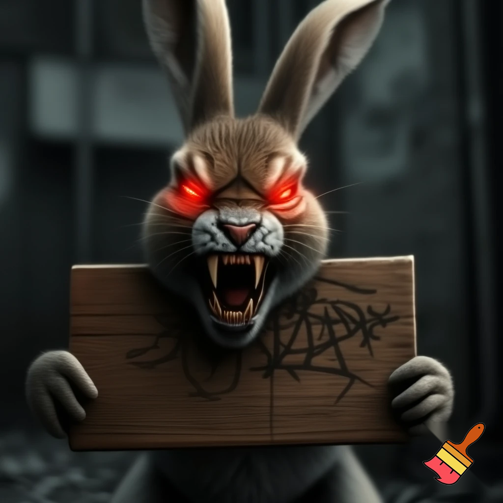 European rabbit red glaring eyes sharp teeth and fur holding a sign angry face fighter smile
