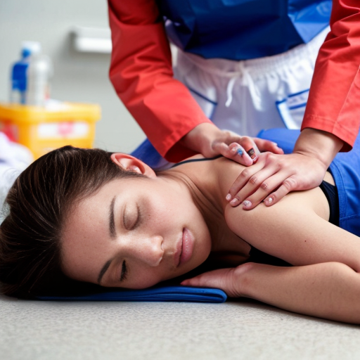 A woman lying unconscious on her back on the floor, wearing a white tank top and shorts, and a nurse performing CPR on her.