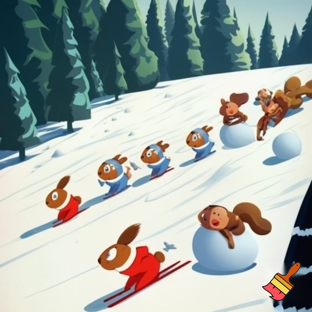 Drawing in old soviet cartoons style. Hares in ski suits are skiing on a snow-covered slope with dense forest on the edges. Next to them foxes in ski suits are skiing on a snow-covered slope with dense forest on the edges. Next to them bear cubs in winter clothes are making a snowman on a snow-covered slope with dense forest on the edges. Next to them squirells in winter clothes are playing with snowballs on a snow-covered slope with dense forest on the edges