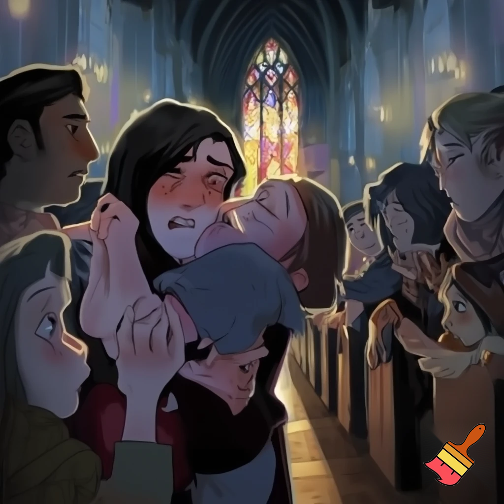 Create a girl that fainted in church and someone is carrying her while all the people look worried