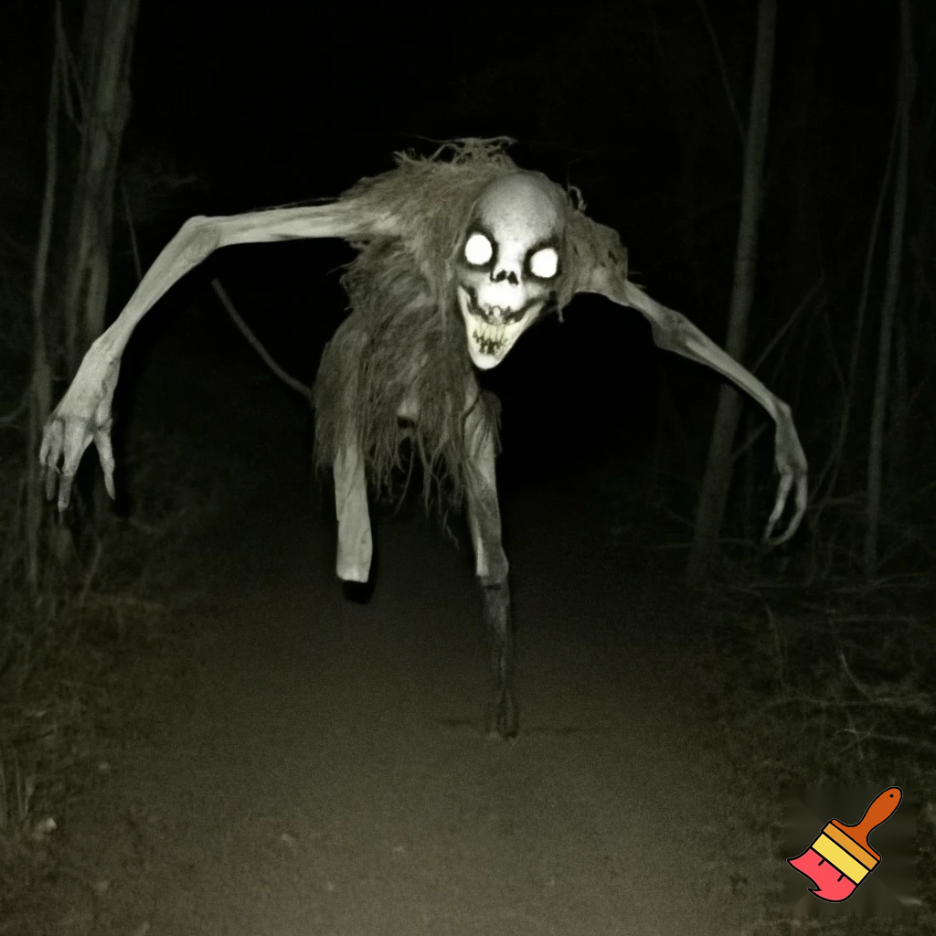 creepy dark photorealistic wendigo on trailcam
