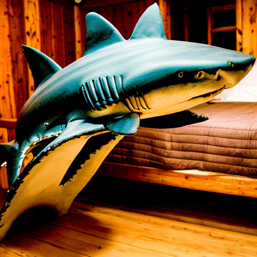 Make a shark with blue jordans in a big wood cabin called "The Tung tung Inn"