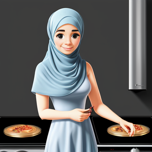 Pixar-style cartoon, Muslim woman 35-40, fully covered wide light blue dress, headscarf covering hair, modest, standing at stove cooking, gray background, no sexualized features, simple cartoon style