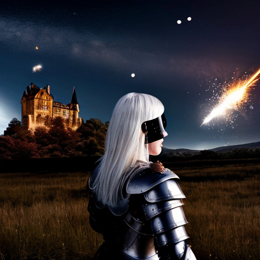 young white-haired woman in armor watches as meteorites fall on her castle