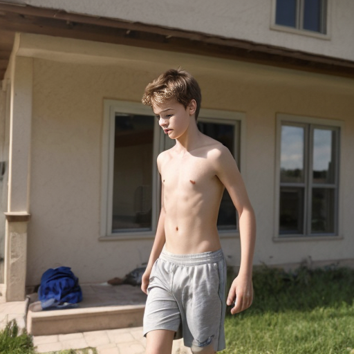 The shirtless teenage boy is has just woken up. He gets out of bed in his boxes and walks through his house. He eventually walks outside. The morning breeze hits him