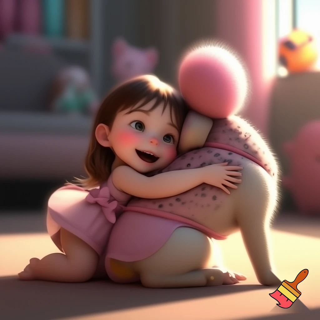 a dog with a cat tail, pink dress and a bow and a little girl hugging it
