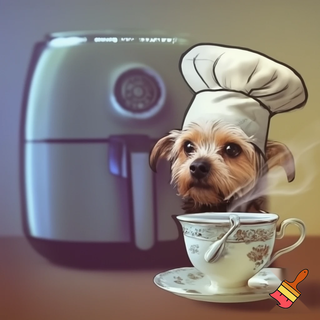 Ein Albumcover für einen Song namens (Airf)Ryan. Es ist ein Song über einen Hund, der süchtig nach Tee ist und ständig mit einem Airfryer verwechselt wird. Es soll im Comic-Stil sein, aber nicht zu übertrieben. Auf dem Cover soll nur der Songtitel stehen, kein weiterer Text