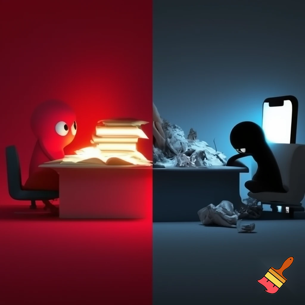 Half of the image shows a red sticker character (the good student) sitting at a tidy desk, focused, surrounded by glowing books and positive energy; the other half shows a black sticker character (the bad student) slouching at a messy desk with trash, phone distractions, and dark lighting. Dynamic contrast between success and failure, cinematic horizontal composition for YouTube thumbnail.