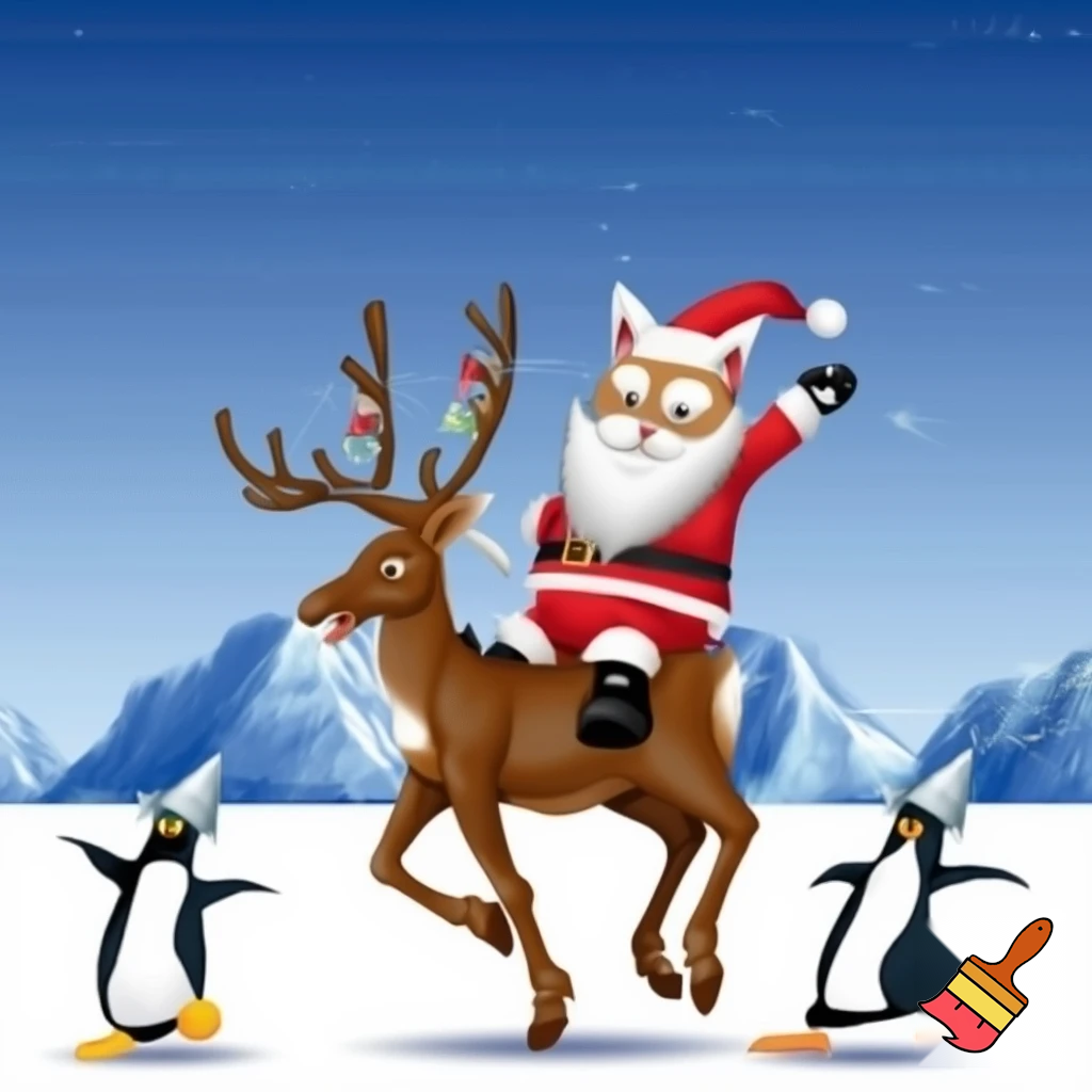 Santa clause dressed as a cat riding a reindeer in the north pole and the reindeer is chasing penguins wearing tinfoil hats
