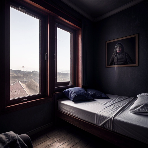 Slow zoom toward glowing hostel room window, surrounding darkness, distant wind sounds, creepy atmosphere