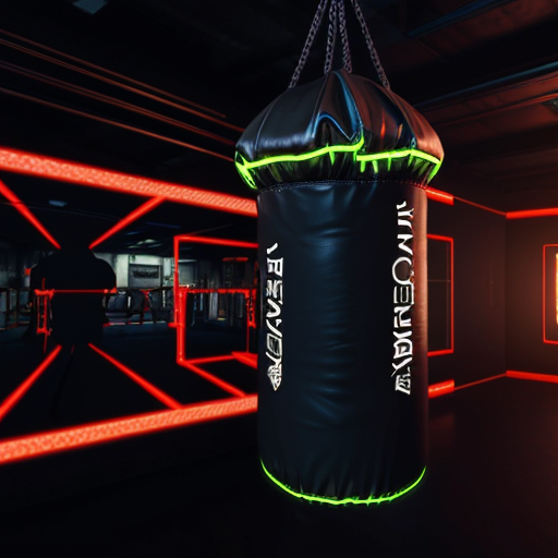 Futuristic AI-powered smart boxing bag, cyberpunk aesthetic, black carbon fiber and kevlar body, glowing 360° holographic LED impact zones, dynamic light pulses reacting to invisible strikes, advanced biomechanical sensor network visible beneath semi-transparent outer layer, floating digital HUD interface projections around the bag, high-tech combat training environment, dark neon gym, blue and red rim lighting, cinematic cyberpunk atmosphere, ultra detailed, hyper realistic, 8k, volumetric lighting, dramatic shadows, concept art, Unreal Engine render
