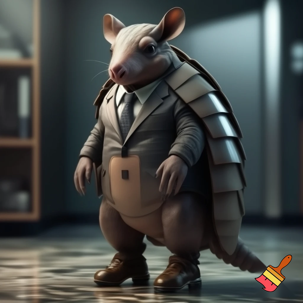 picture of an armadillo wearing a business suite and vombat boots