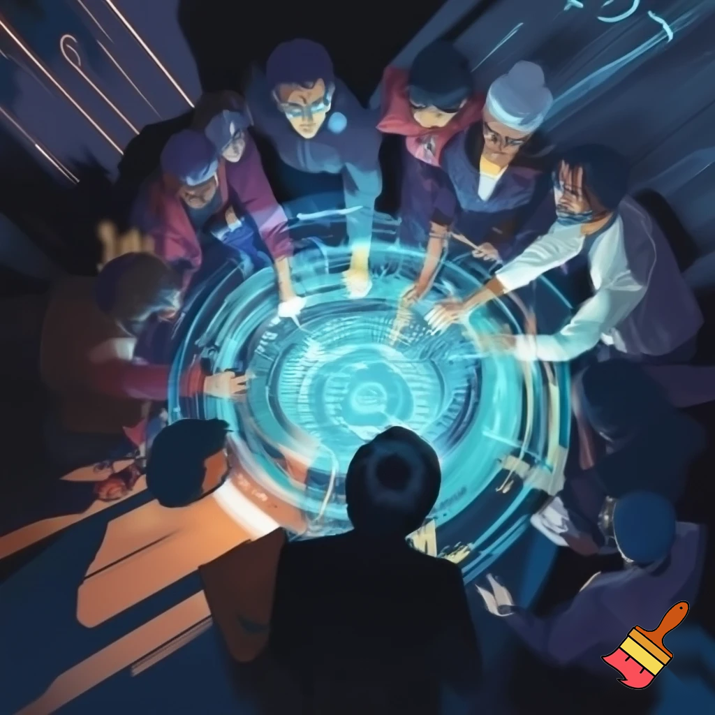 Can you generate an artwork of a team (10 people) that works with data facing challenges and taking decisions?