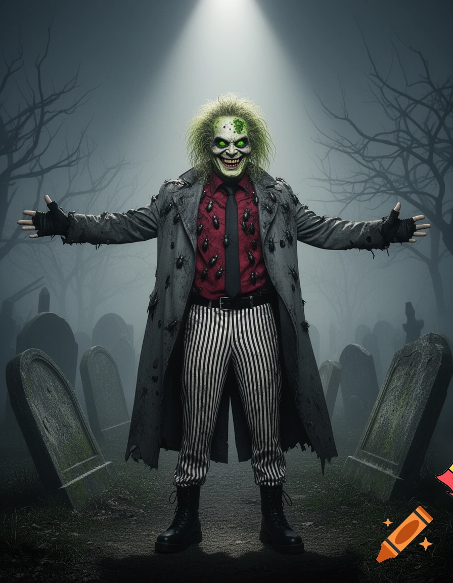 Beetlejuice with pale skin covered in moldy green patches, dark eyebags, rotten teeth, green demon eyes, pointy ears, and unkempt greenish-blonde hair, wearing a red shirt covered with black beetles, a black tie, a vest with vertical black-&-white stripes, a long dark gray dirty torn Trench Coat, long black fingerless gloves, a black belt, pants with vertical black-&-white stripes, a pair of black Combat-style Beatle boots, standing in a foggy gothic graveyard, under a spotlight, with his arms outstretched.