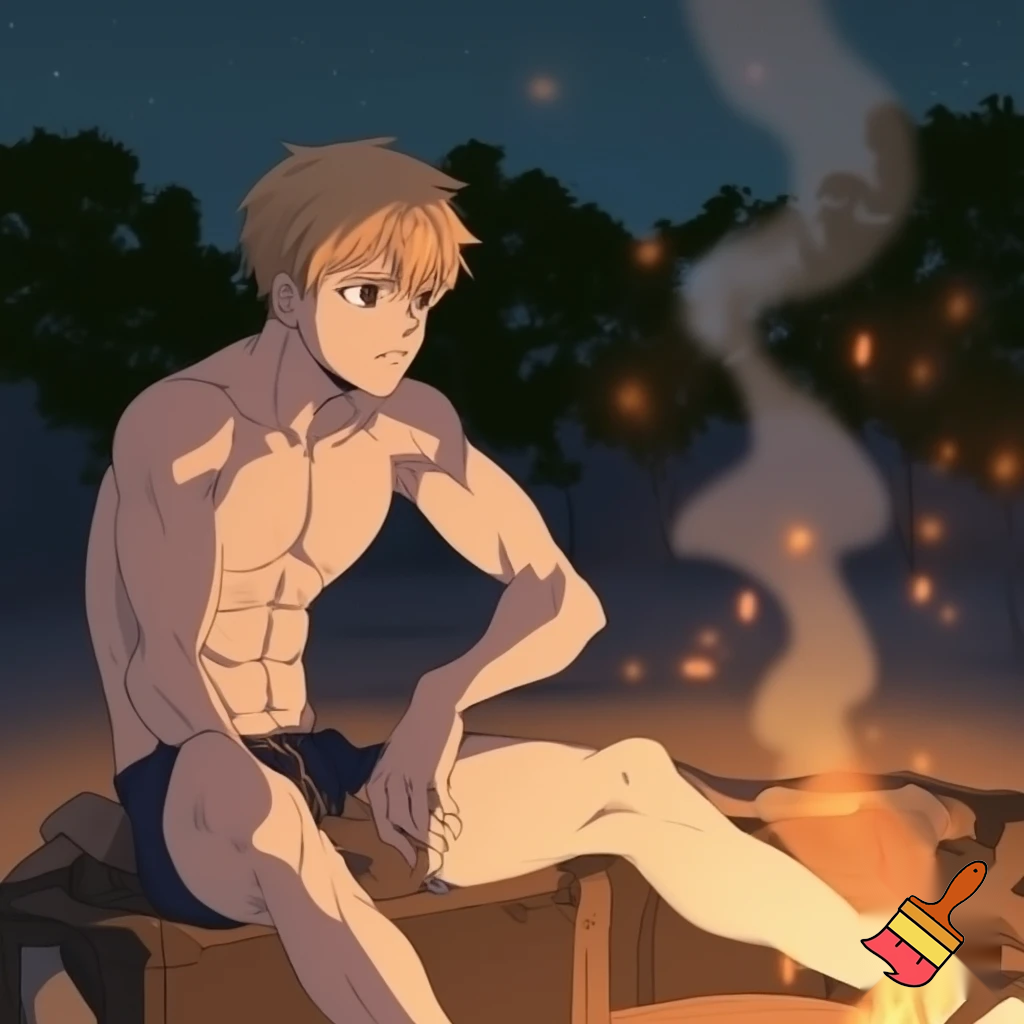 A teenage Anime knight sitting next to a campfire with all of his cloths except his underwear off and he has abs and muscles