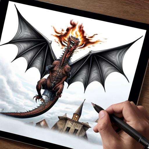 Draw me a mythological dragon flying through the sky above a village, breathing fire on the houses