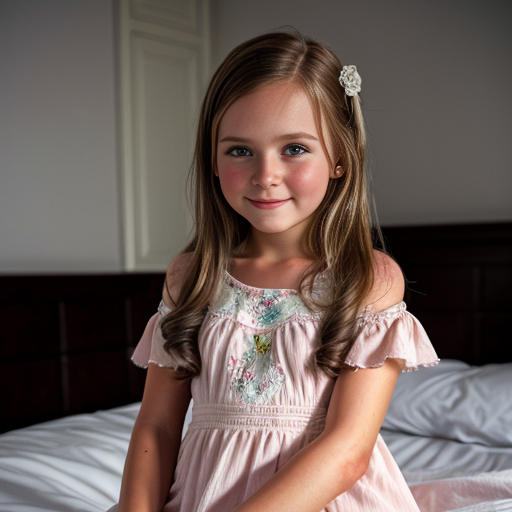 swedish little girl, long brunette hair, night dress, on the bedroom