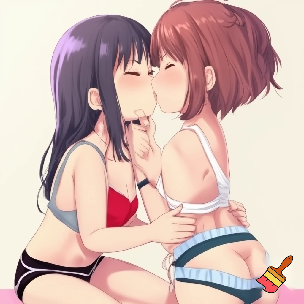 Anime girl so cool and cute is dreesing underwear clothes do cool poses is kissing another girl like her and they are touching others asses