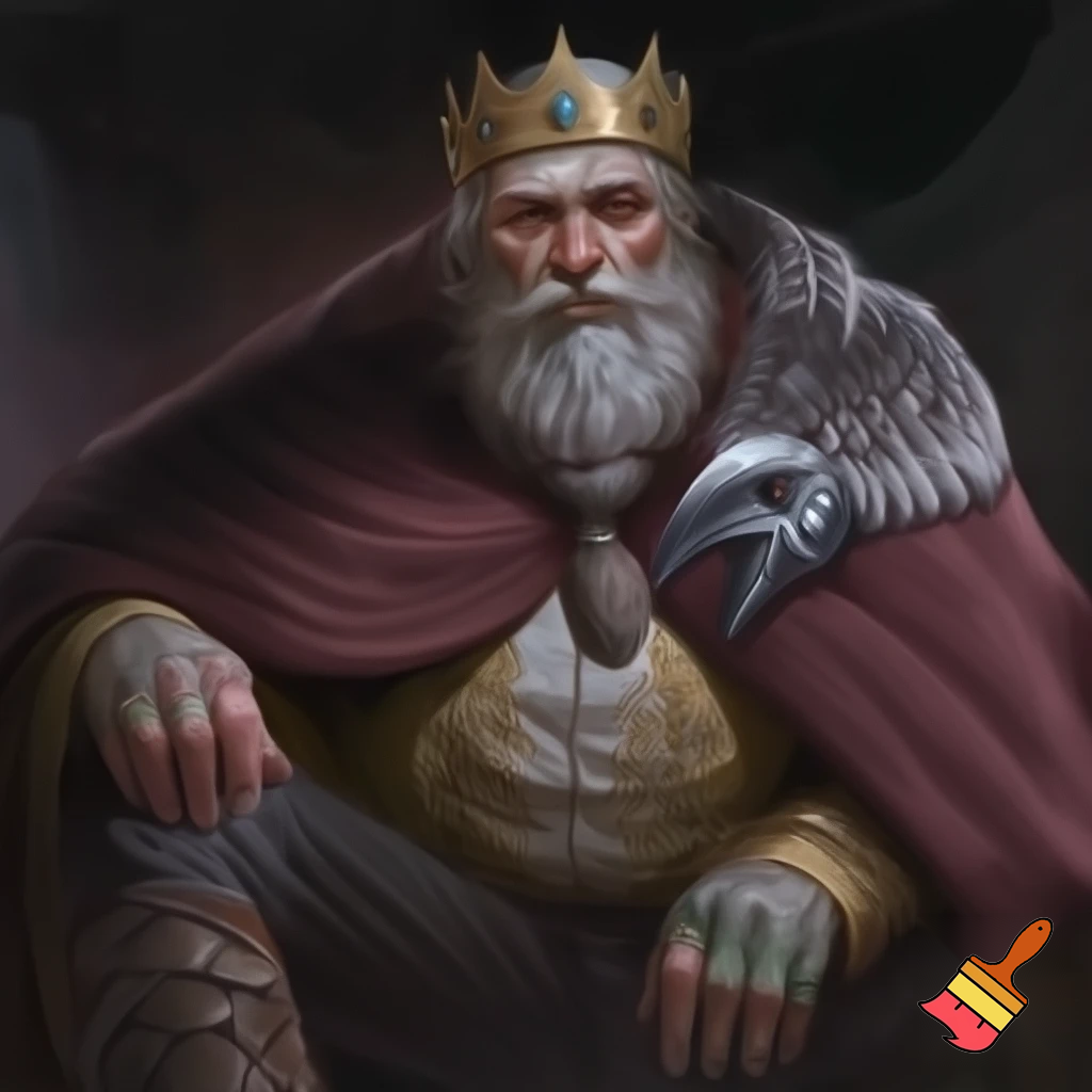 Сгенерируй изображение в стиле фентези, высокая детализация, атмосферно, мрачное освещение: немного пожилой мужчина со светлыми волосами и ухоженной бородой, заплетённой в небольшую косичку. Поверх рубахи с золотой обережной вышивкой на нём был длинный кафтан цвета хвойной чащи, отороченный тёмным мехом соболя. На правом плече массивная серебряная фибула в виде свирепого ворона держала тяжёлый бордовый плащ. На ногах его были высокие кожаные сапоги, украшенные затейливыми узорами. Голову незнакомца венчал золотой венец с инкрустированными в нём драгоценными камнями.