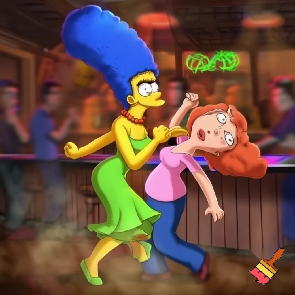 Marge Simpson and Lois Griffin dancing at the drunken clam