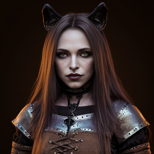 Anthropomorphic humanoid female black werewolf with long pretty hair and purple eyes, wearing brown medieval clothes 