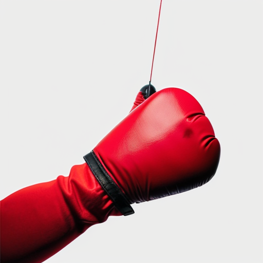 Editorial illustration in the style of official Unmatched board game card art, dynamic comic book style, rough pencil sketch texture, limited muted color palette with bold red accents only on the boxing glove, intense halftone shading -- A dynamic low-angle shot of a bright red boxing glove driving a devastating uppercut from the bottom of the frame straight upward into the chin of a completely black featureless humanoid shadow figure with no clothes, no facial features, no details, just a pure solid black silhouette, the red glove connecting hard under the shadow's jaw from below, the silhouette's head snapping violently backward and upward, arms flung limp, body lifting slightly off the ground from the force, impact burst lines radiating upward from the point of contact, Muhammad Ali's forearm and red glove entering from the bottom edge, white background with vertical speed lines shooting bottom to top, small sweat droplets flying upward, cel-shaded ink drawing, graphic novel cover feel, crushing rising power --ar 2:3 --stylize 250 --niji 6