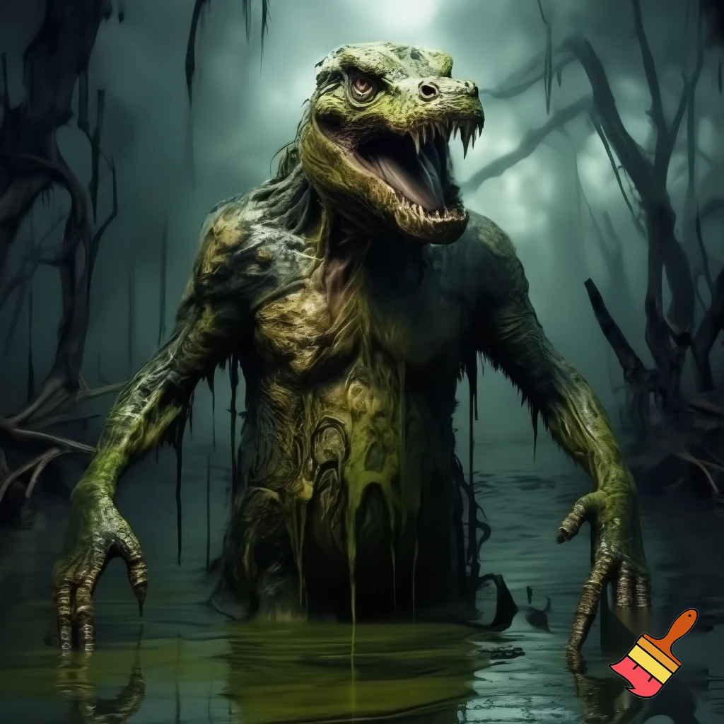 A grotesque, rotting, anthromorphic crocodile creature standing upright, its body covered in black goo, melting, and dripping like sludge, exposing its bones. The skin is swampy green, black, and sickly brown, with patches of rot and ooze and entirely made out of gunk. Eyes bulging in horror, jaw hanging loosely, teeth crooked and partially dissolved and has a deformed smile. The creature’s limbs stretch out as goo drips from its claws exposing its skeletal fingers. It's appearance, also zombie-like and deformed. Surround it with an eerie, fog-filled swamp: twisted dead trees, murky water, dim green-gray light, and a haunting atmosphere. Highly detailed, creepy, and surreal. 