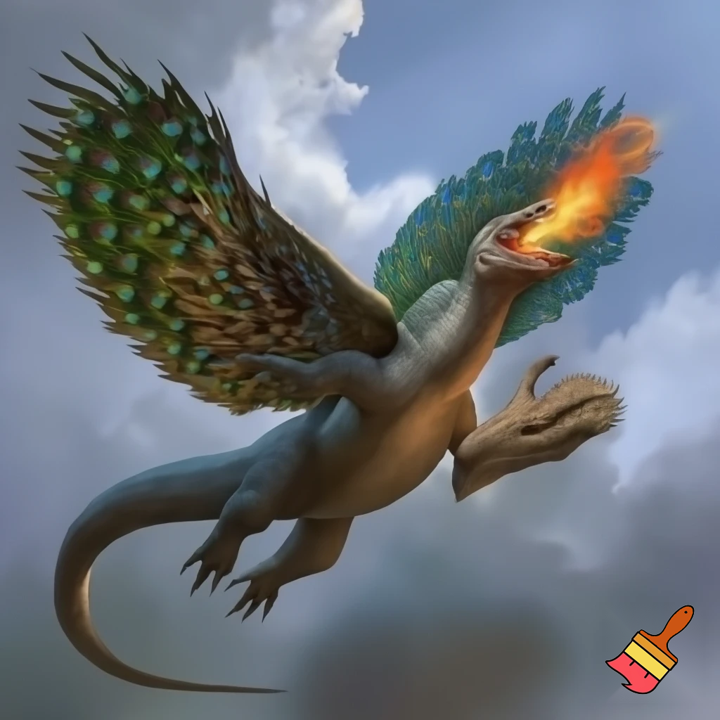 Half peacock half komodo dragon flying with a blowtorch