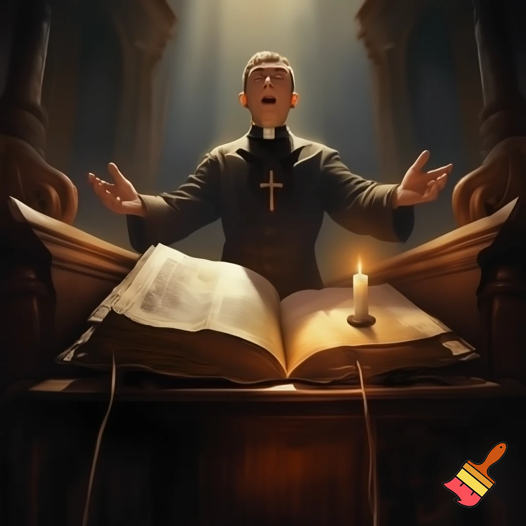 A priest preaching from a pulpit, or a close-up of a Bible open on a table with a candle beside it.
