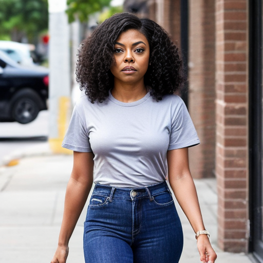 Taraji P. Henson long brown curly hair black t-shirt under t-shirt and blue jeans and black toes out shoes 
