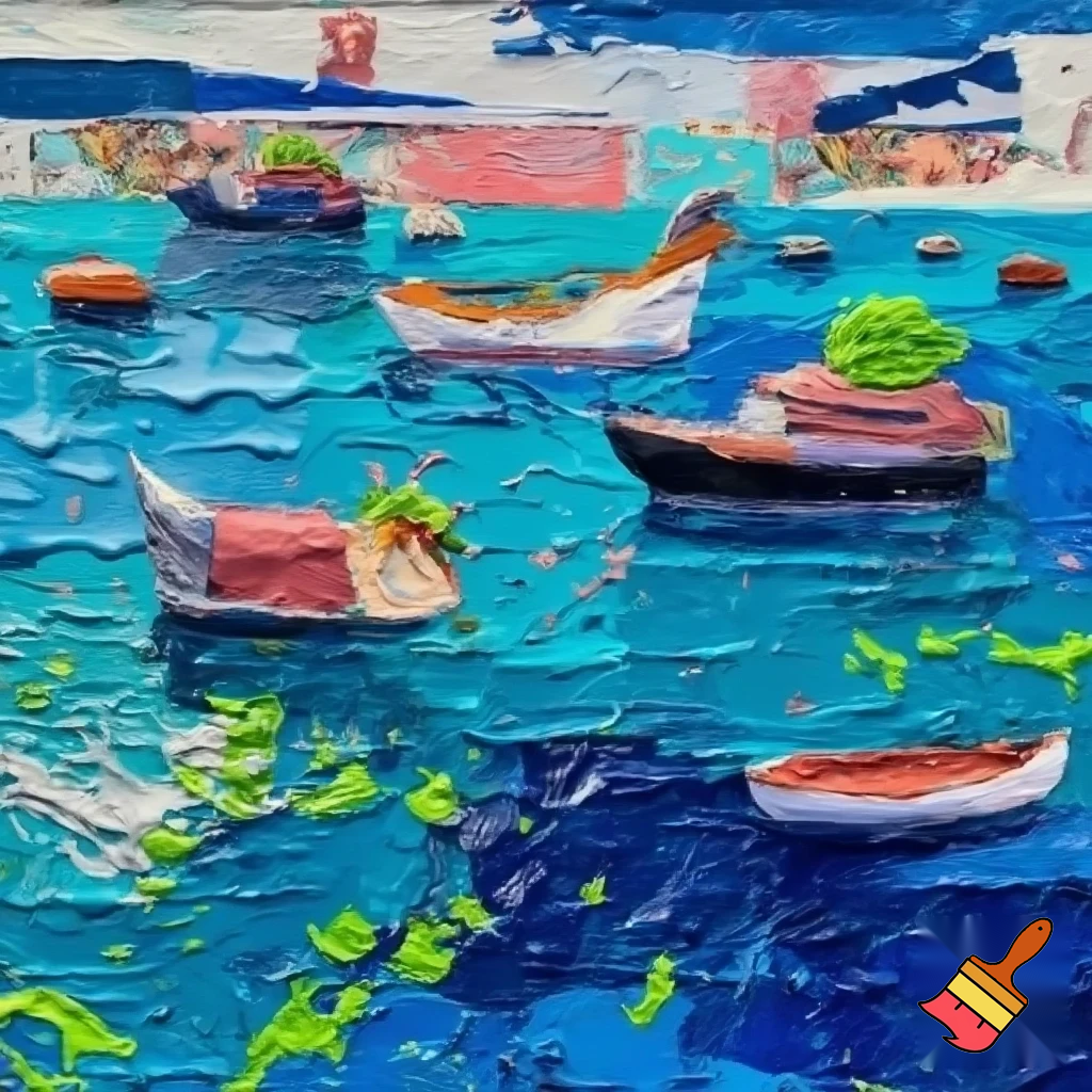 postmodern acrylic painting sea and boats 
