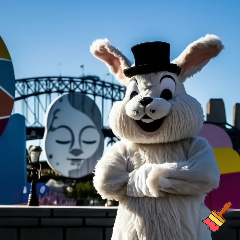  Easter bunny mascot costume top hat photo taken with the Easter open white Sydney Luna Park Sydney Luna Park