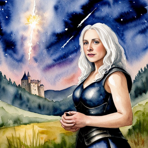 young tall white-haired woman in armor watches as meteors fall on the castle